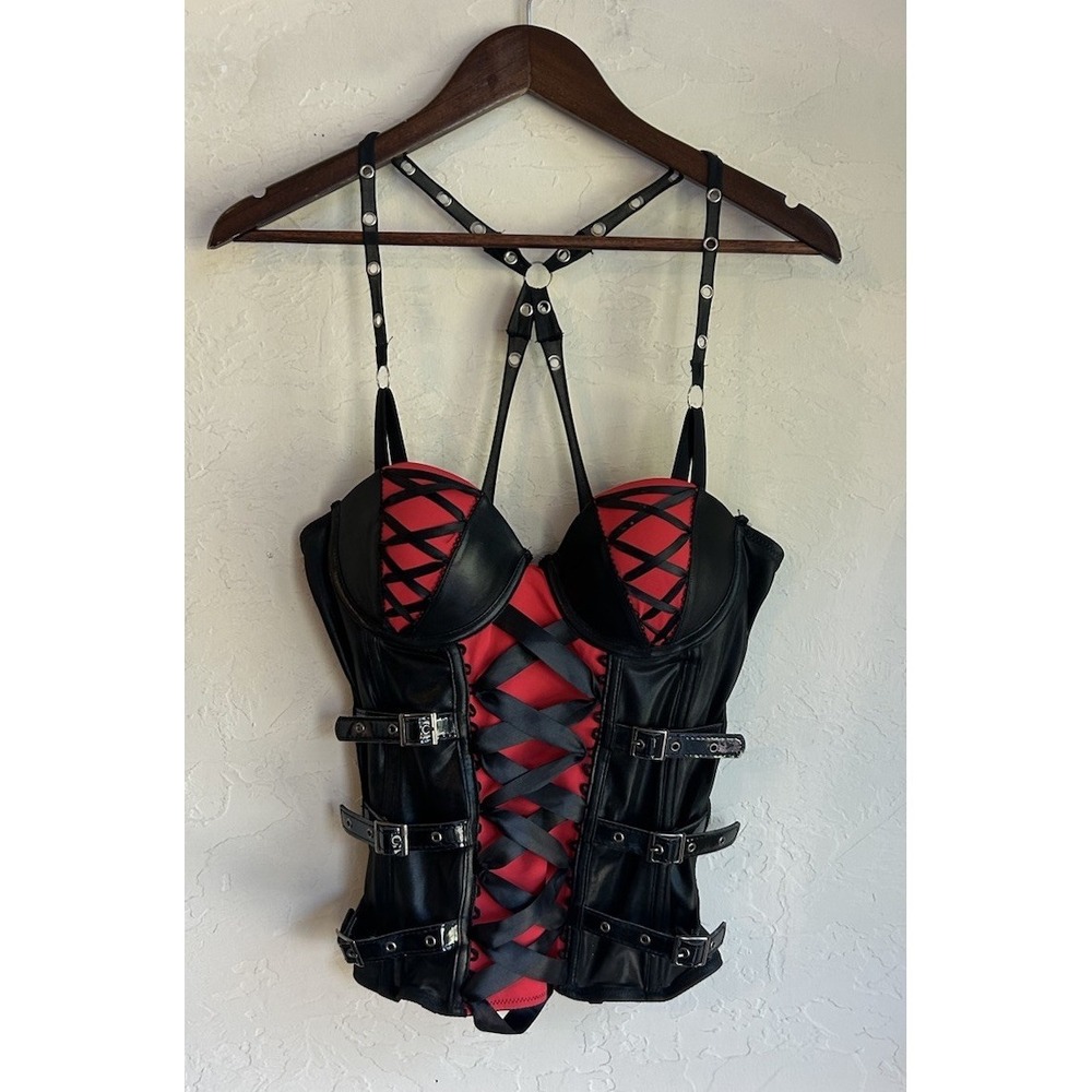 Vintage Y2K Morbid Threads Corset Top Bustier Hot Topic 34B Goth Emo Red Black